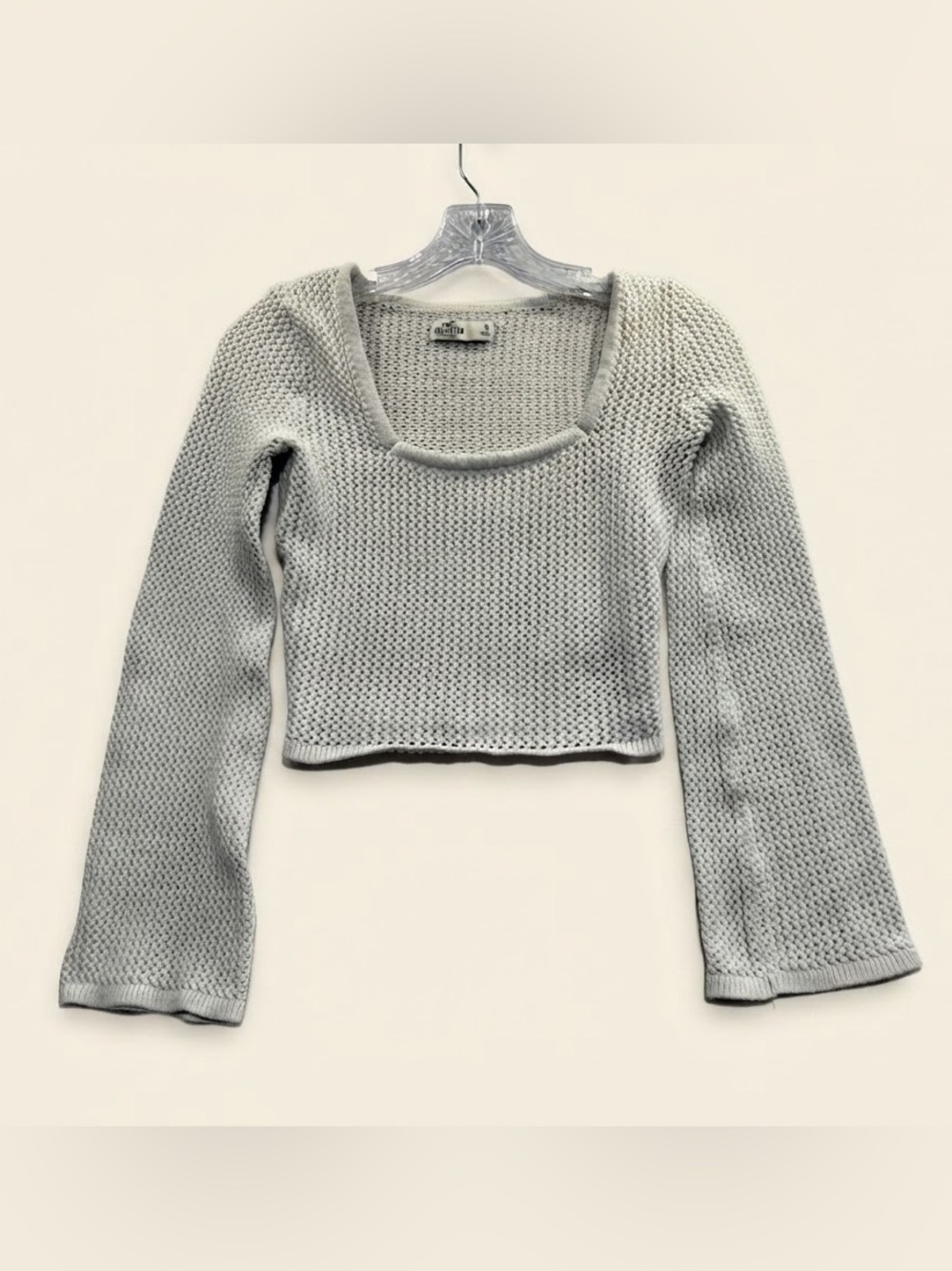 Hollister Open Knit Square Neck Long Flare Sleeve Crop Top Small Off White